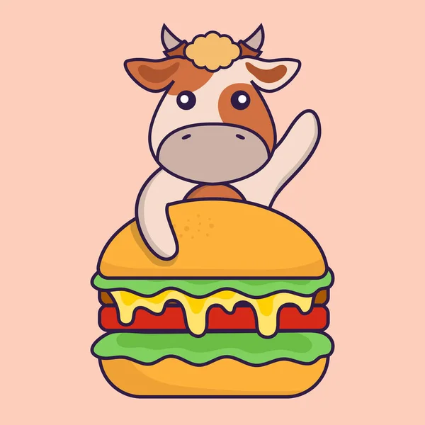 Leuke Koe Die Hamburger Eet — Stockvector
