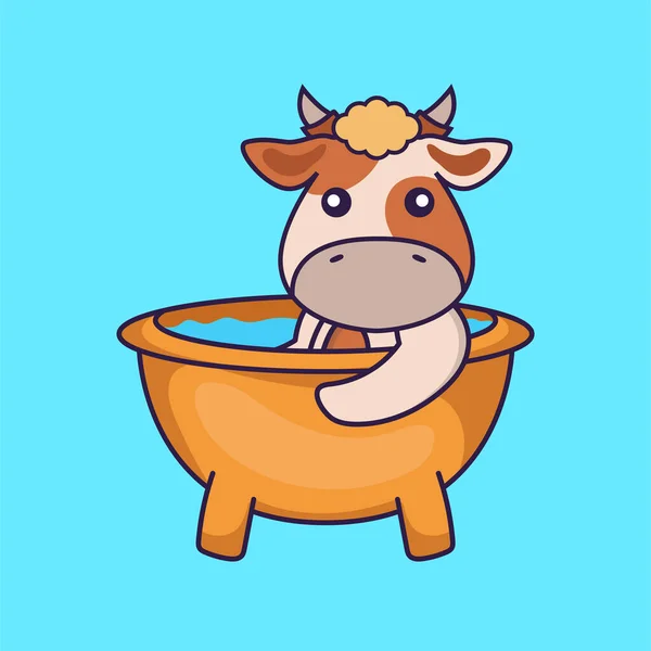 Χαριτωμένη Αγελάδα Που Κάνει Μπάνιο Στην Μπανιέρα — Διανυσματικό Αρχείο