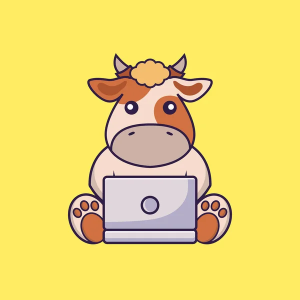 Vaca Bonito Usando Laptop — Vetor de Stock