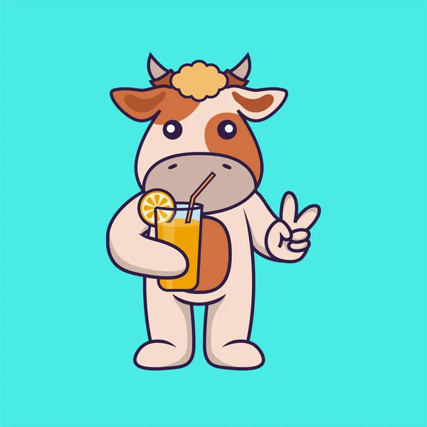 Χαριτωμένη Αγελάδα Που Κατέχουν Χυμό Πορτοκαλιού Γυαλί — Διανυσματικό Αρχείο