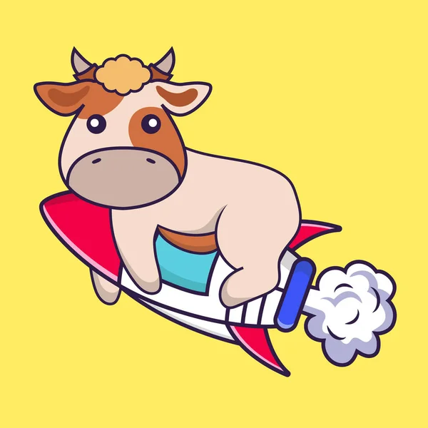 Cute Cow Flying Rocket — Stock Vector