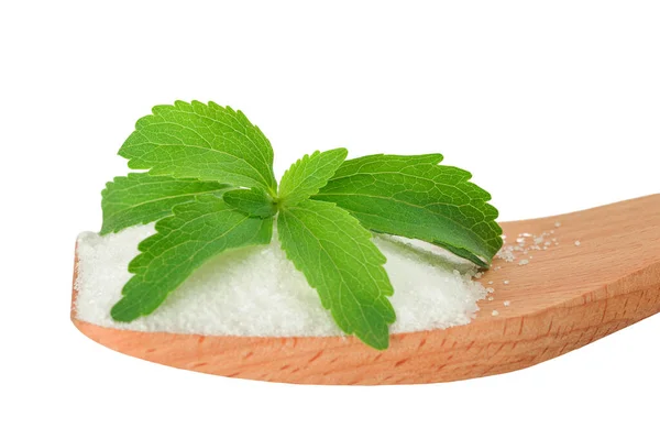 Stevia Mit Weißem Zucker Auf Einem Holzlöffel — Stockfoto