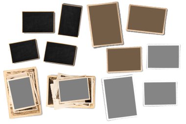 Beyaz arkaplanda izole edilmiş eski fotoğrafların kümesi