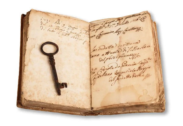 Oude sleutel en boek — Stockfoto
