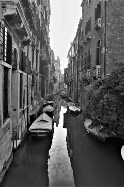 Venedig Italien Dezember 2018 Stimmungsvolles Schwarz Weiß Bild Von Gondeln — Stockfoto