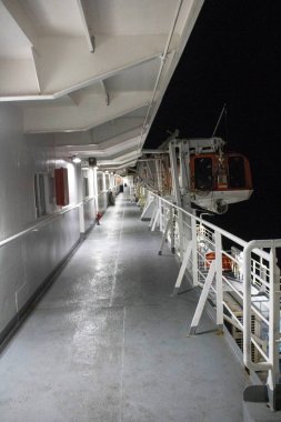 Cankurtaran botu olan bir feribotun canlandırıcı gece görüntüsü.