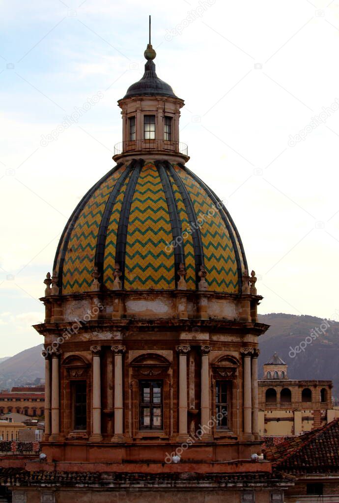 Palermo, Italy, September 03, 2017, Monastero di Santa Caterina, evocative image of the dome of a church seen from the monastery