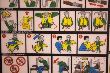 20.12.27 Milan Malpensa Havaalanı, Ryanair düşük maliyetli havayolu İtalya uçuşu, koltuğun arkasında güvenlik işaretleri