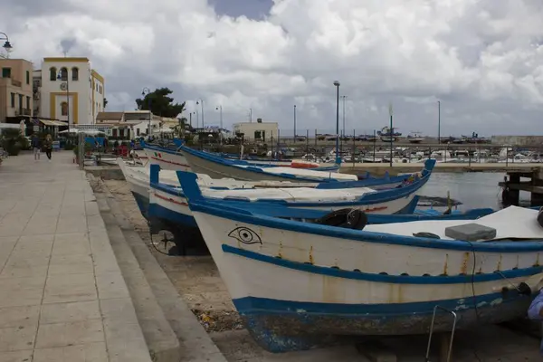 Evocative Image Fishing Boats Moored Harbor Small Fishing Village Sicily — Stock Photo, Image