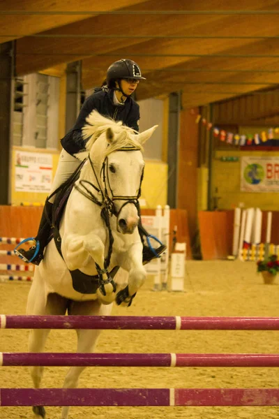 2019 Tortona Equestrian Center Koń Dżokej Rywalizują Podczas Zawodów Pomieszczeniach — Zdjęcie stockowe