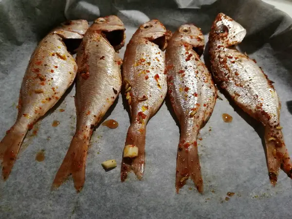 Fertig Zum Kochen Von Doraden Gewürzt Und Gesalzen — Stockfoto