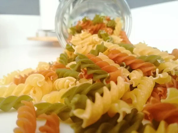 Various Raw Pasta Glass Jar — Stock Photo, Image