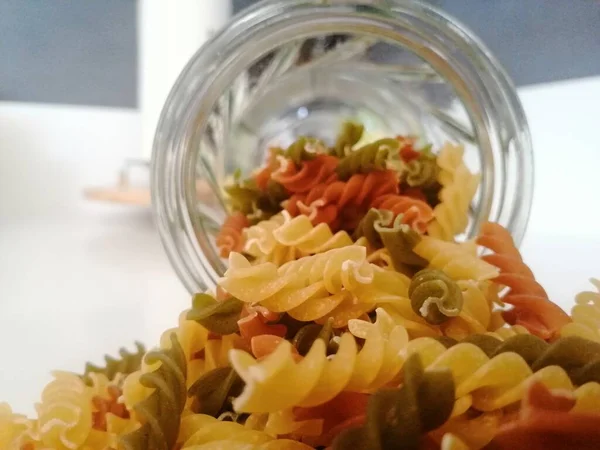 Various Raw Pasta Glass Jar — Stock Photo, Image