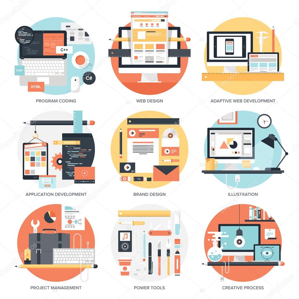Abstract flat vector illustration of design and development concepts. Elements for mobile and web applications.