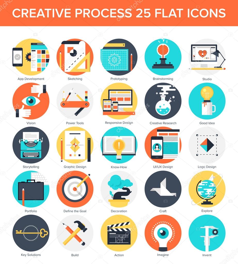 Abstract vector set of colorful flat creative process icons. Concepts and design elements for mobile and web applications.