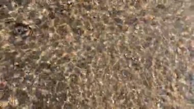 Altında küçük kahverengi çakıl taşlarını ve nehir yüzeyinde akıllı telefon tarafından çekilen parlak güneş ışığını görebilen temiz, akan bir kaynak nehri.