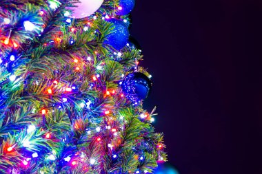 Karanlık bir arka planda soğuk ışıkları olan yeni yıl ladini, seçici bir odak