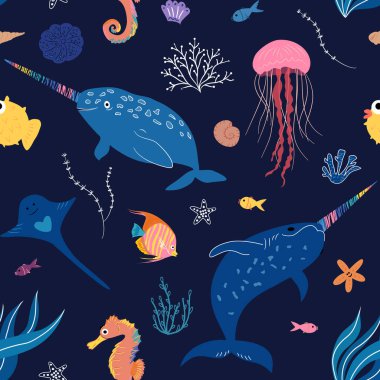 Colorful seamless vector pattern with narwhals, jellyfish, seahorses, tropical fish, shells and corals on dark background, perfect for kids textiles, wrapping paper, wallpapers, and summer designs.