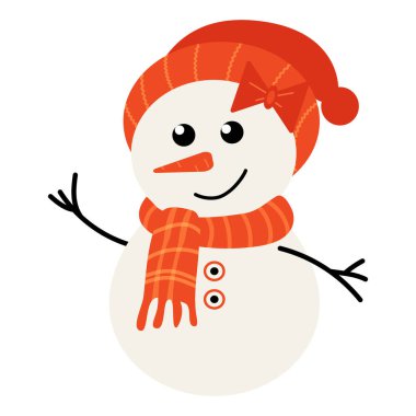 Kırmızı şapkalı ve eşarplı sevimli bir kardan adamın düz bir temsili. Noel kartları, dekor, çıkartmalar, baskılar ve çocuk projeleri için mükemmel..