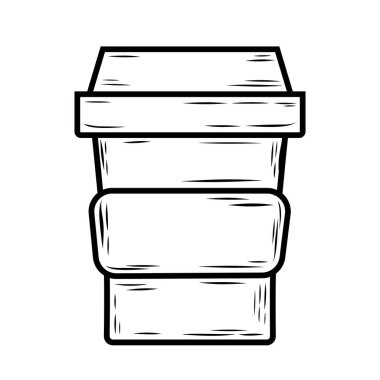 Tek kullanımlık kahve fincanının vektör çizgisi sanatı minimalist siyah taslak tarzında. Cafe markası, menü tasarımı, logo ve ambalaj için mükemmel.