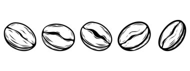 Peş peşe beş kahve çekirdeği içeren minimalist çizgi sanat afişi. Kafe markalaşması, web sitesi başlığı, menü tasarımı ve ambalaj düzeni için mükemmel.
