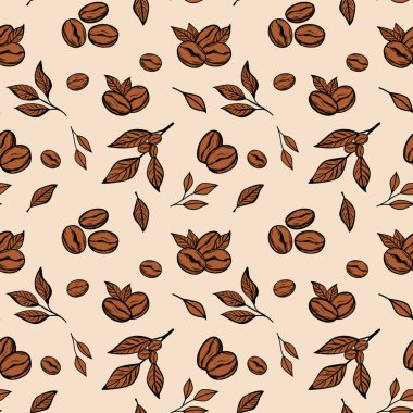Kahverengi kahve çekirdekleri ve bej arka planda yaprakları olan vektörsüz desen ambalaj, kafe dekorasyonu, tekstil ve markalaşma tasarımı için mükemmel..