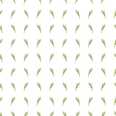 Küçük yeşil botanik dalları olan kusursuz desenler beyaz arka planda temiz bir şekilde tekrarlanıyor. Tekstil, ambalaj, duvar kağıdı ve dekor için ideal.