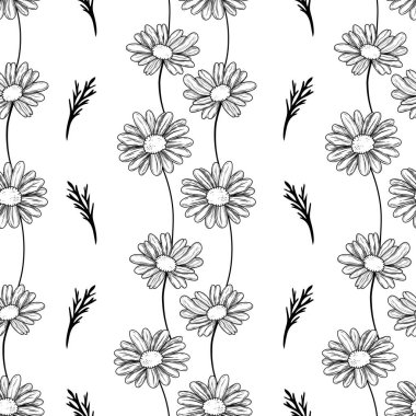 Dikey çizgilerde dizilmiş papatyaları ve dağınık siyah dalları olan kusursuz çiçek desenleri. Kumaş, ambalaj kağıdı, kırtasiye ve yüzey tasarımı için mükemmel..