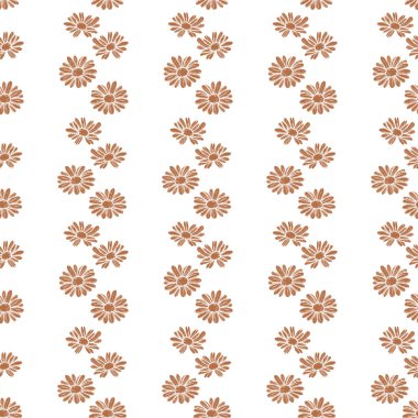 Beyaz arka planda küçük kahverengi papatyalar olan kusursuz vektör deseni. Kumaş, ambalaj, kırtasiye, duvar kağıtları ve modern çiçek tasarımı için mükemmel..