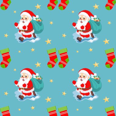 Noel Baba, hediye paketleri, çoraplar ve mavi arka planda yıldızlar. Çocuk dekorasyonu, ambalaj kağıdı, tekstil ve şenlik tasarımları için mükemmel..