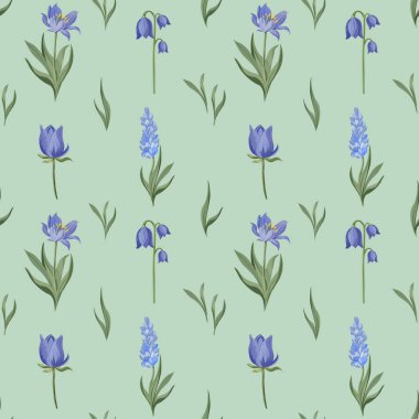 Mavi bahar çiçekleri ve yumuşak nane arkaplanına saçılmış yeşil yapraklı vektörsüz desen. Kumaş, duvar kağıdı, ambalaj, kırtasiye, ambalaj ve bahar temalı tasarım için mükemmel..