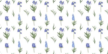 Mavi bahar çiçekleri ve beyaz arka planda yeşil yapraklı dikdörtgen şeklinde vektör. Kumaş, duvar kağıdı, ambalaj ve dekor için uygun.