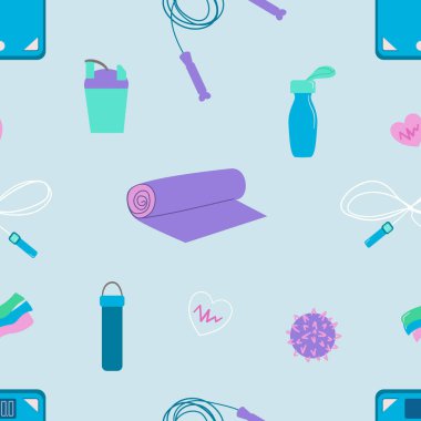 Işık arka planında spor malzemesi simgeleriyle kusursuz vektör uygunluk kalıbı. Spor salonu markalaşması, giysi, ambalaj ve sağlık tasarımı için ideal..