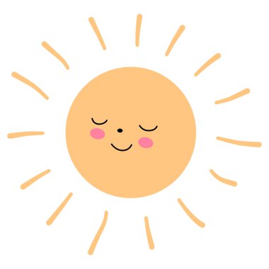 Gülümseyen, turuncu, pembe yanaklı ve kapalı gözlü bir güneşe ait şirin bir vektör. Çocuk tasarımı, baskıları, kartları ve dekorasyonu için beyaz arkaplan üzerindeki kare illüstrasyon.