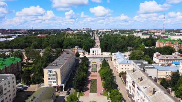 Літній день у маленькому зеленому місті. Ластівки і мартіни літають над будинками біля парку — стокове відео