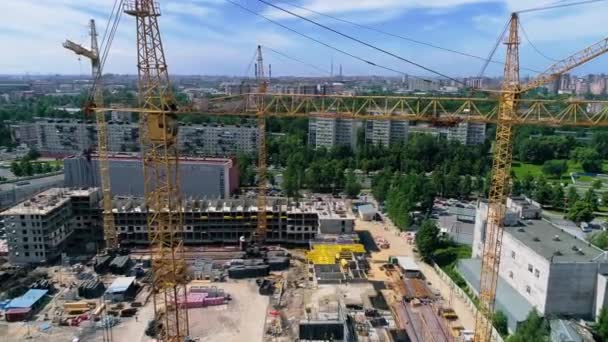 Fly Tower Cranes Construction Site Clear Summer Day Yellow Cranes — Video Stock