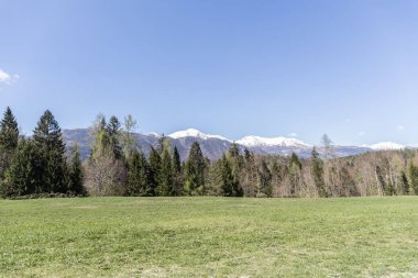 Dağları ve mavi gökyüzü olan güzel bir manzara.