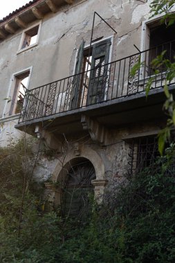 Aşırı büyümüş balkon, kemerli, parmaklıklı bir kapının üstünde boyası ve demir parmaklıkları var..