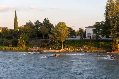 Nehir, uzun selvi ve beyaz binaları olan, ağaçlarla kaplı güneşli bir kıyıyı geçer..