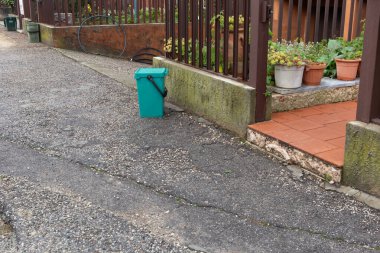 Teal Bucket Garaj Duvarı ve Ahşap Çitin yanında Dinleniyor