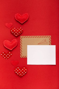 Valentines Day envelope mail, bank white card on red background, template mock up