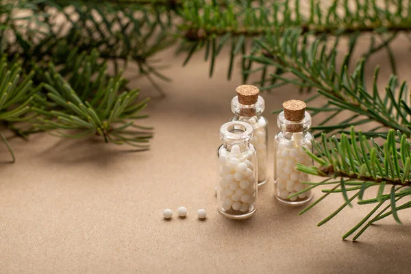 Homeopathic pills in glass bottles pine tree close up. Homeopathy, naturopathy and alternative medicine.