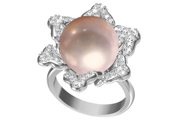 Hermoso Anillo Con Perla Aislada Blanco Renderizado — Foto de Stock