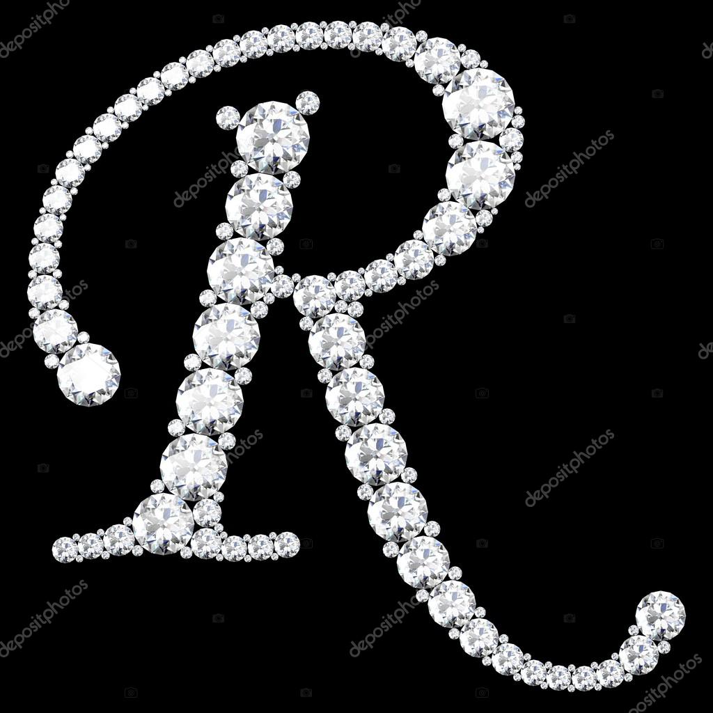 R Letter made from diamonds and gems on black background