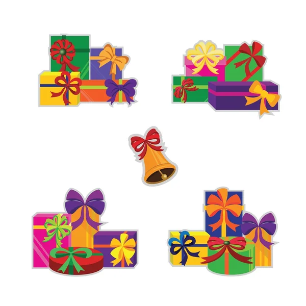 Cajas de regalo coloridas y campana — Vector de stock