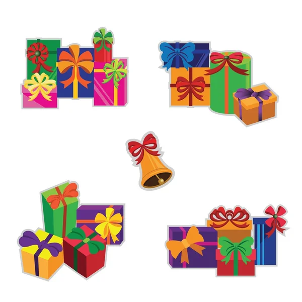 Cajas de regalo coloridas y campana — Vector de stock