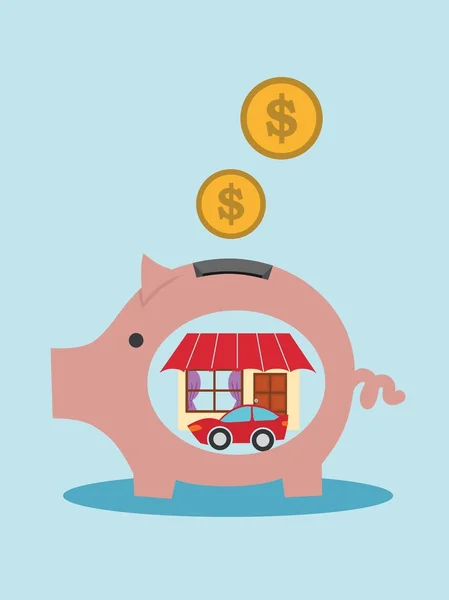 Piggy moneybox met huis en auto — Stockvector