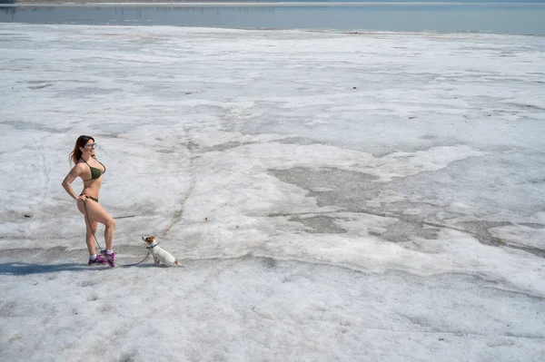 Rudowłosa kobieta w bikini spaceruje z psem na zaśnieżonej plaży — Zdjęcie stockowe