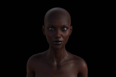 Siyah arka planda kel bir kadının 3 boyutlu portresi.