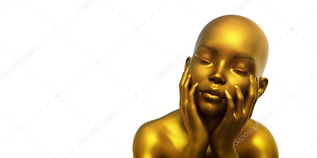 3d model portrait of a bald golden woman on a white background